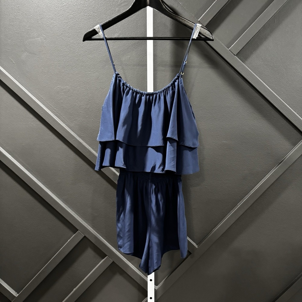 Parker Silk Romper Womens Size S Navy Blue Ruffle Spaghetti Strap Playsuit
